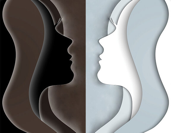 Abstract dual profile silhouette art in black and white tones, symbolizing contrast and harmony.