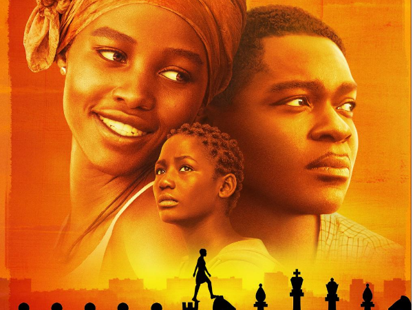 Movie poster featuring three people and chess pieces silhouetted against a vibrant orange background.