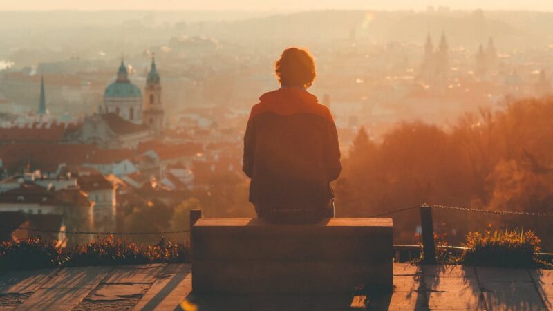 person contemplating a city view