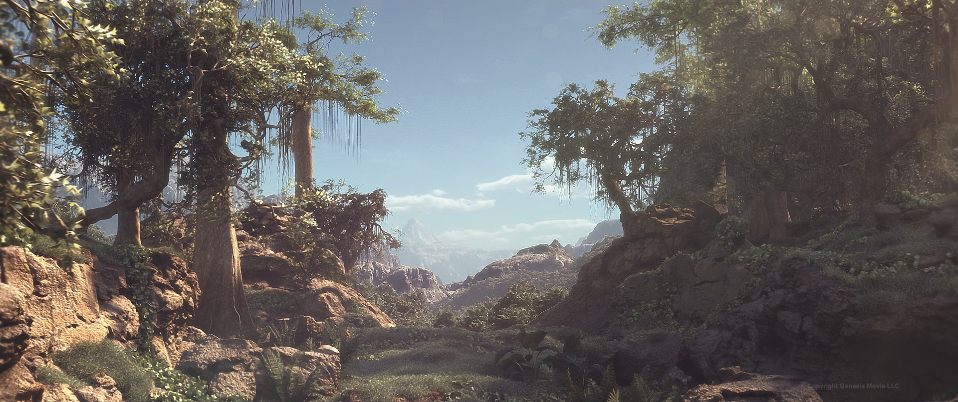 Lush forest with towering trees and distant mountains under a clear blue sky.
