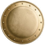 A round, textured golden shield with rivet details, viewed from above on a white background.