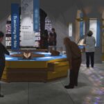 Museum exhibit on Bible translation history, featuring displays, artifacts, and visitors exploring the information.
