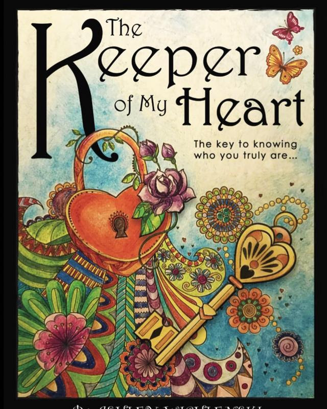 Colorful book cover The Keeper of My Heart with heart, key, and floral patterns.