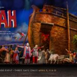 Live stage performance of Noah's Ark with lifelike set, featuring animals and actors. Special nationwide event promo.