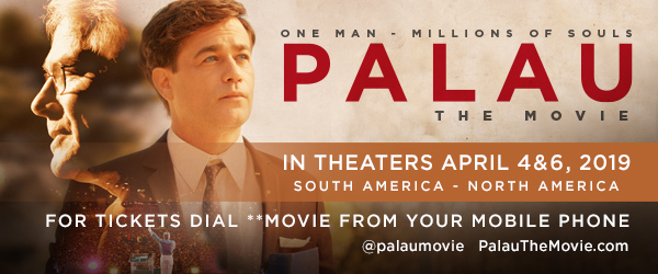 Palau movie poster: Two men, text details April 4 & 6, 2019 screenings, South & North America release info.