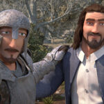 Animated knight in armor and a smiling man stand in a forest, showcasing friendship and adventure.