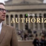 Man in suit outside a grand building, with Faithlife Original: Authorized text, conveying professionalism and authority.