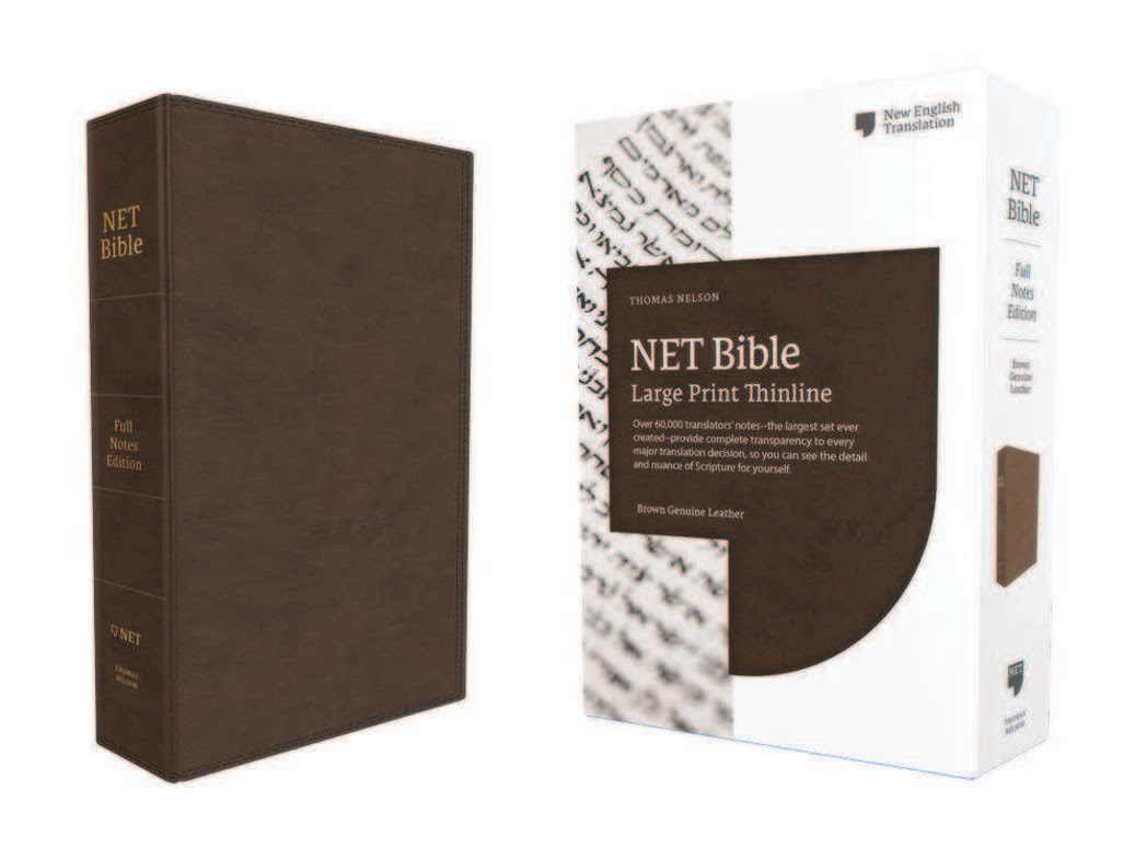 NET Bible Full Notes Edition, brown leather, box view, large print, New English Translation by Thomas Nelson.