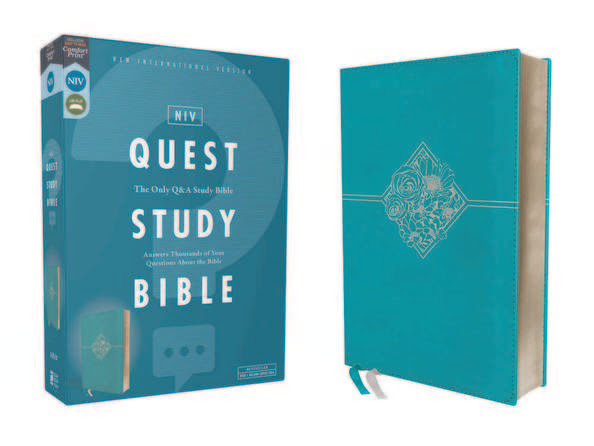 NIV Quest Study Bible book and packaging in turquoise, featuring Q&A insights for a deeper biblical understanding.