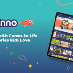 Minno app on tablet promoting faith-based stories for kids with cartoon characters and colorful design.