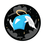 Blue shirt with wings and halo floating in a starry night sky, conveying a whimsical, celestial theme.