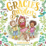 Children in a garden holding vegetables with a dog, surrounded by flowers and plants. Book cover of Gracie's Garden.
