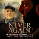 Never Again movie poster featuring two men, in theaters October 13 & 15. Website: neveragainthemovie.com