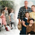 Vintage family portrait with classic car, featuring adults and children in retro dresses and plaid shirts.