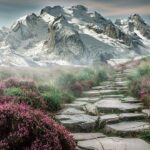 Mountain path with stone steps, surrounded by pink flowers, leading to snow-capped peaks under a cloudy sky.