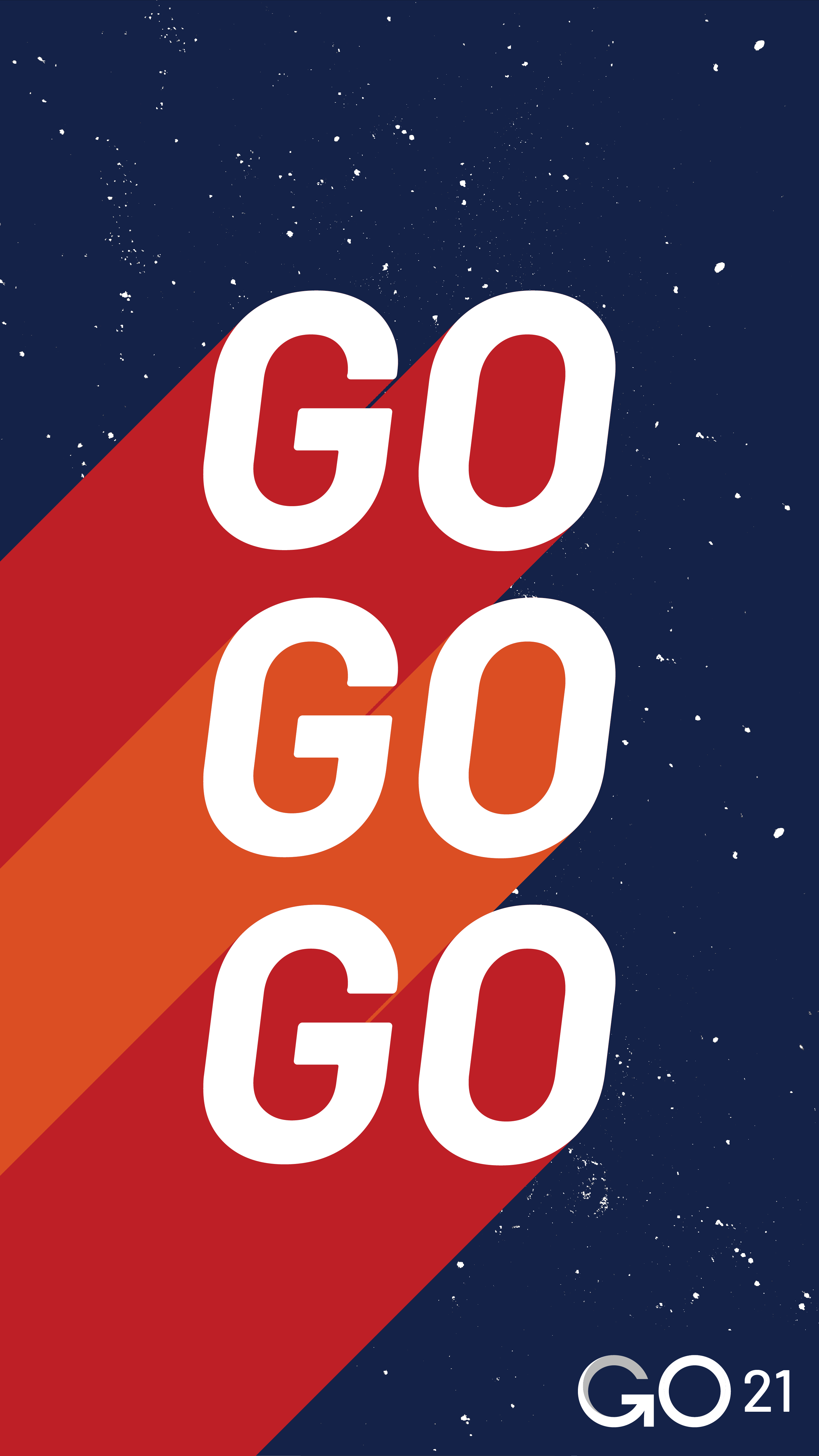 Bold text GO repeated three times with angled shadows on a starry background, GO21 logo at bottom right.