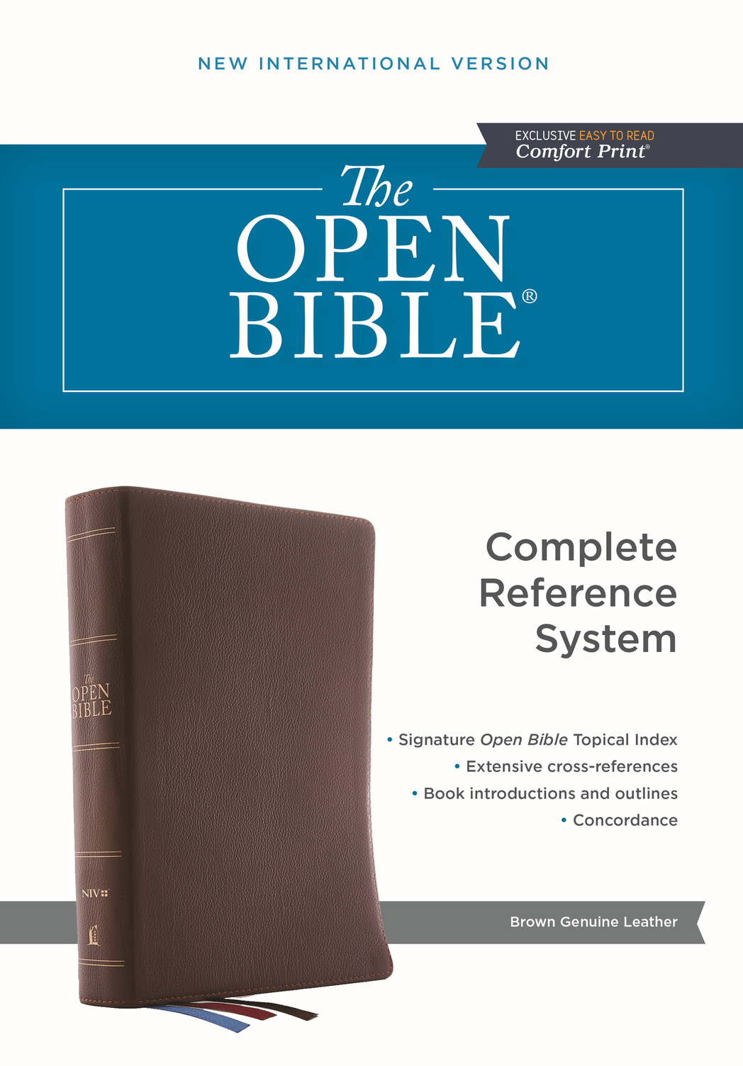 The Open Bible, New International Version, brown leather with reference system and easy-to-read Comfort Print.