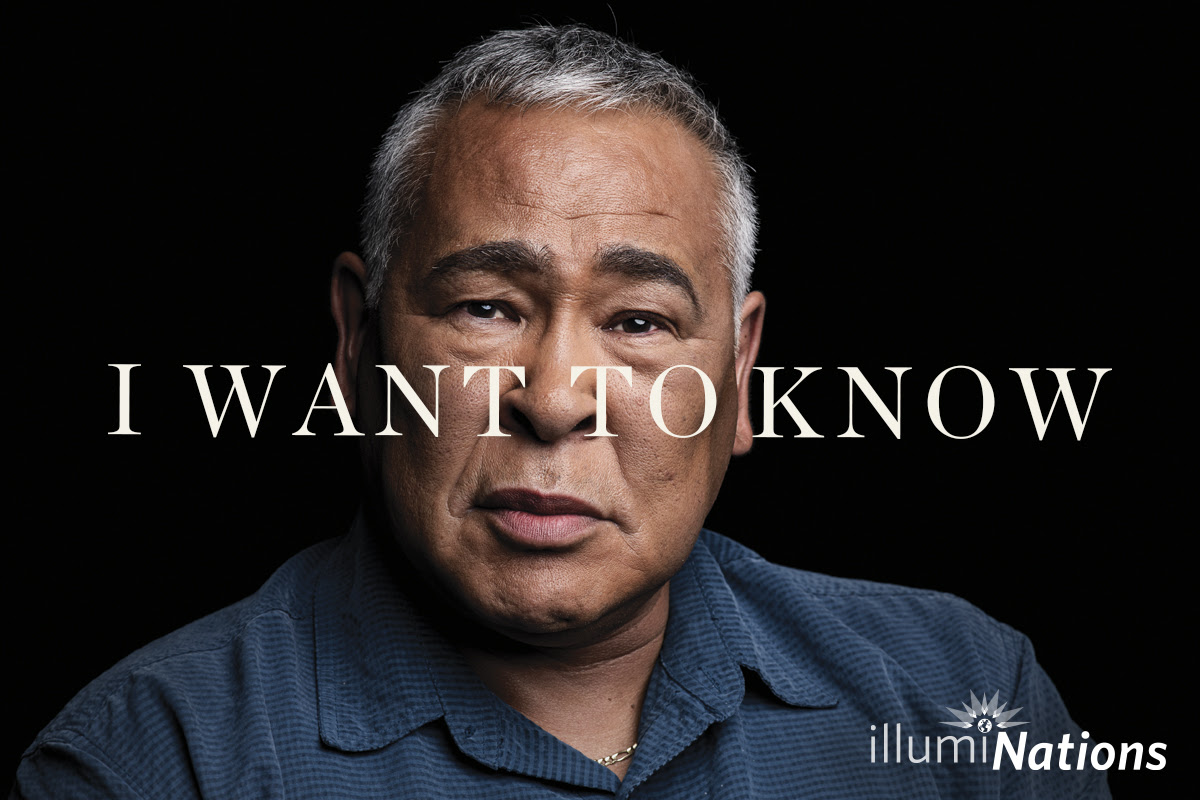 Man with I Want to Know text overlay, promoting illumiNations campaign for awareness and knowledge sharing.