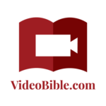Logo of VideoBible.com featuring an open book with a video camera icon on it.