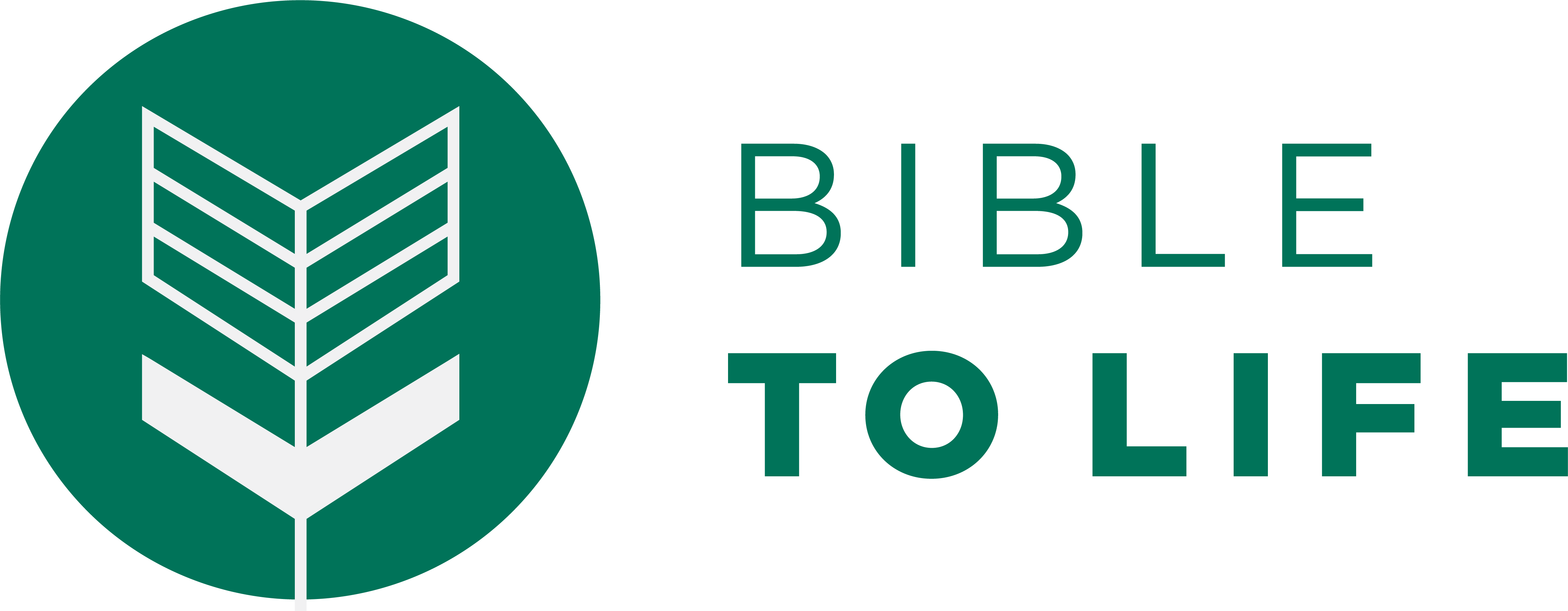 Bible to Life logo with green circle and abstract book icon on left side.