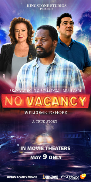 Movie poster for No Vacancy featuring three actors. Tagline: Welcome to Hope. In theaters May 9. A true story.