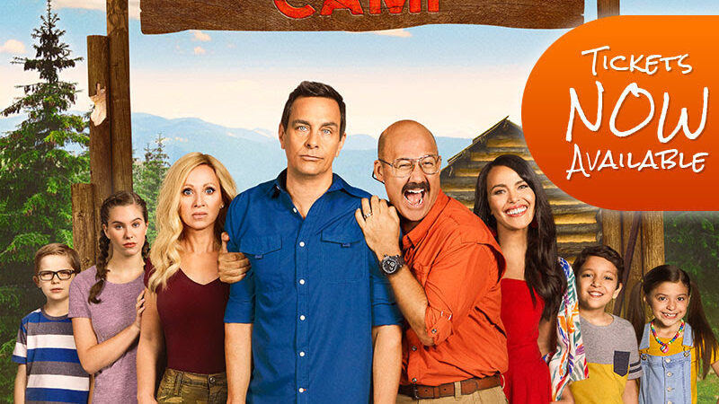 Family Camp movie poster featuring a group at a campsite with Tickets Now Available message.