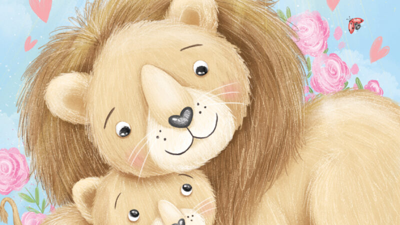 Illustrated cover of ABC God Loves Me featuring a smiling lion and cub with hearts and flowers.