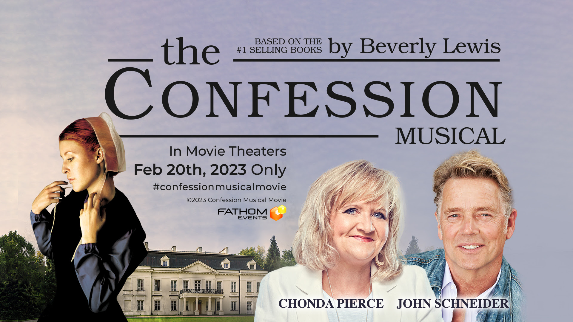 Promotional image for The Confession Musical in theaters Feb 20, 2023, featuring a woman in Amish attire.