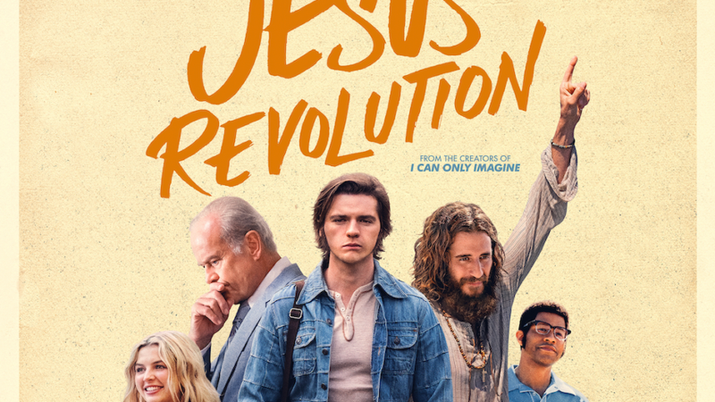 Poster for Jesus Revolution featuring five diverse individuals under the bold title on a light background.