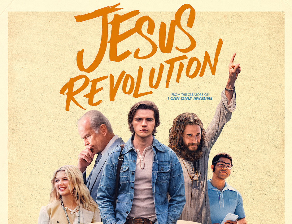 Poster for Jesus Revolution featuring five diverse individuals under the bold title on a light background.