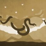 Silhouettes of a man, woman, and snake under a tree, evoking a mythical garden scene with apple-like fruits.