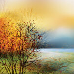 Vibrant abstract autumn landscape with colorful trees and a serene pond, capturing the essence of fall.