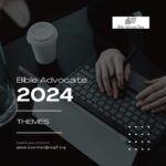 Person typing on keyboard with coffee, promoting Bible Advocate 2024 themes. Submit articles via email.
