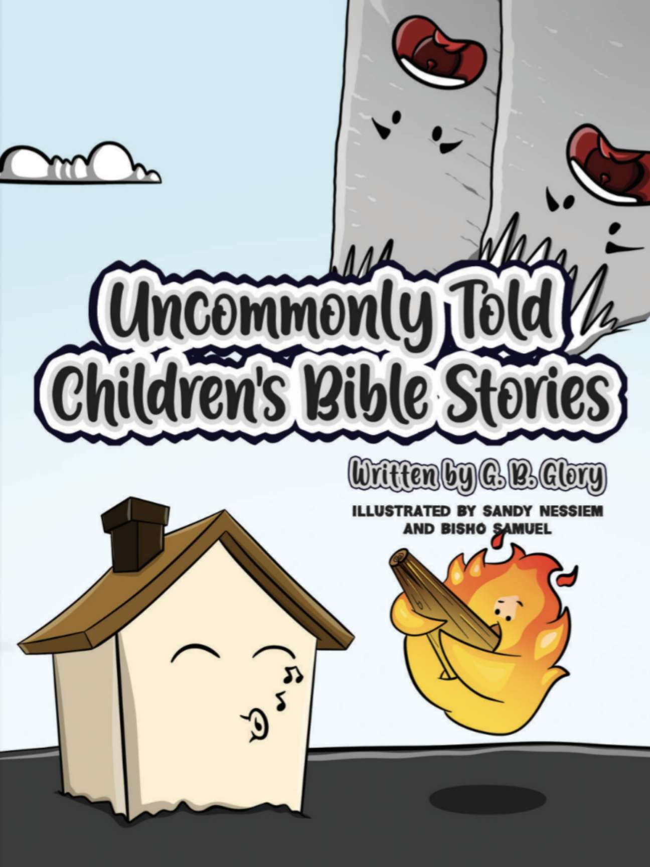 Cartoon cover of Uncommonly Told Children's Bible Stories by G.B. Glory, with playful illustrations.