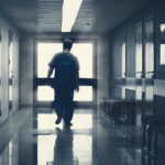 In the Hospital Elderly Pensioner Man Walks down the Hallway with Light in the End. Clean Modern Medical Facility. Life after Death, Door to Heaven Concept.