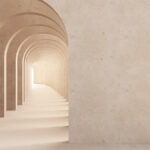 Classic metaphysics surreal interior design, imaginary fictional architecture. Archway with beige marble walls. Move forward, opportunities, future concept with copy space